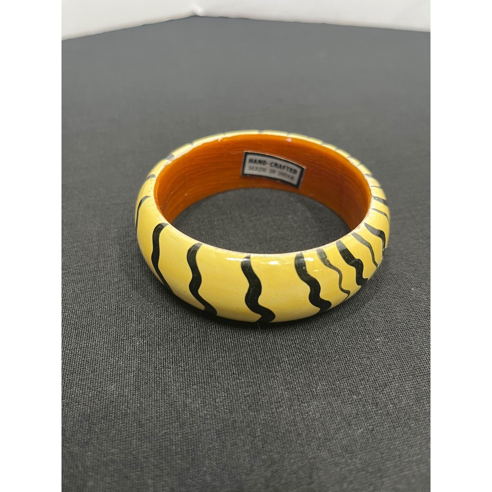 Hand Crafted India Bangle Bracelet Yellow Black Wavy Stripe Orange Interior